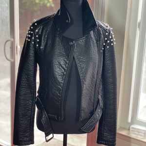 Leather Moto Jacket with Pearl Embellishments